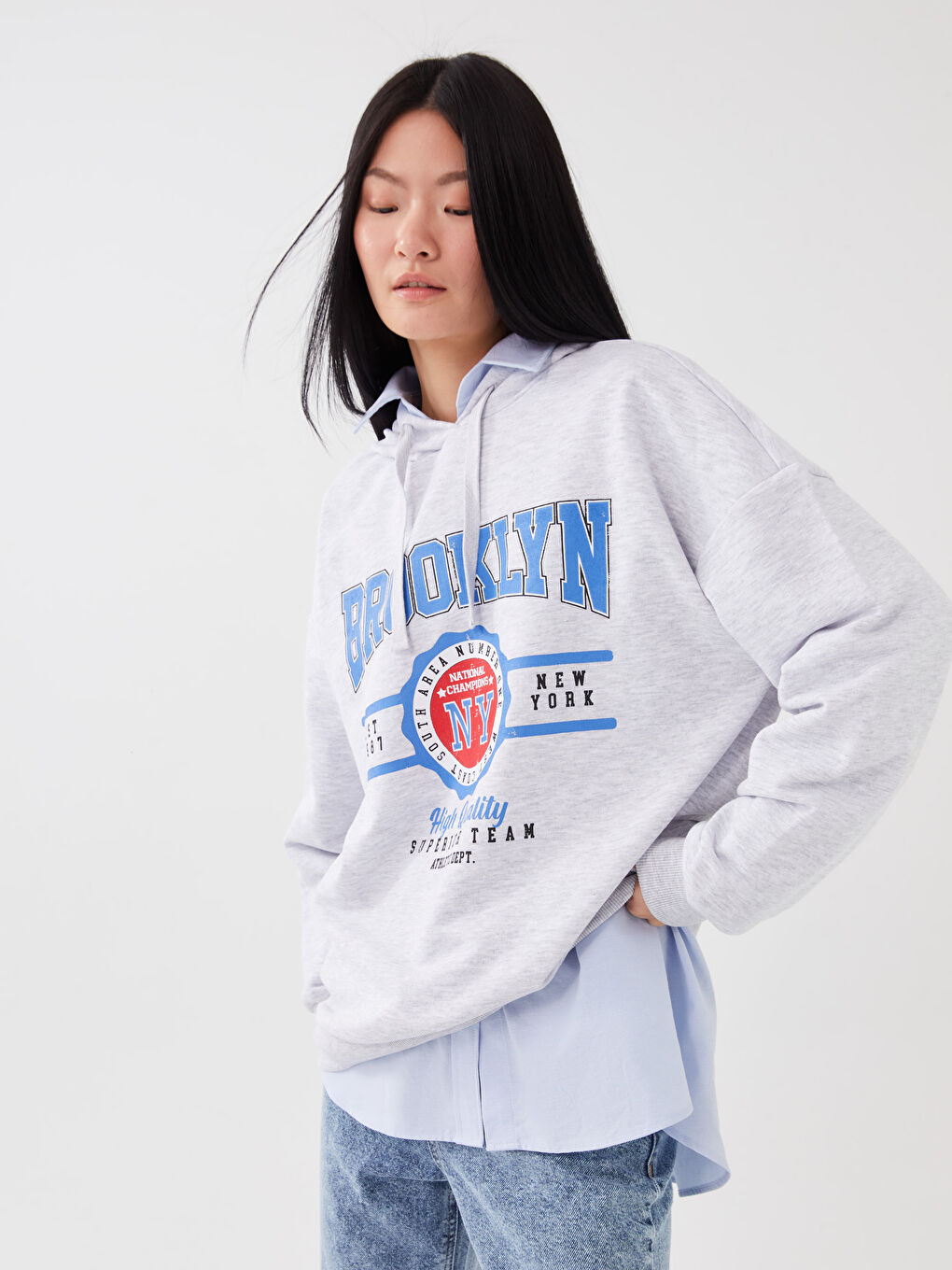 LC Waikiki Printed Long Sleeve Oversize Women's Hoodie -S35834Z8-D5P