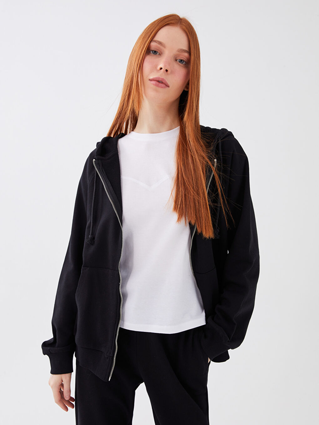 Siyah Kapüşonlu Düz Uzun Kollu Oversize Kadın Spor Hırka-1