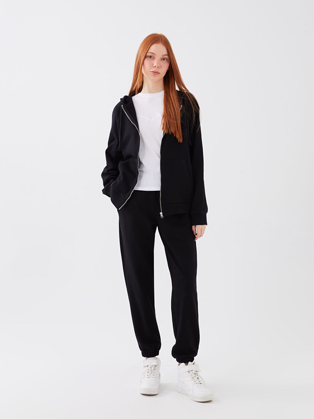 Siyah Kapüşonlu Düz Uzun Kollu Oversize Kadın Spor Hırka-2