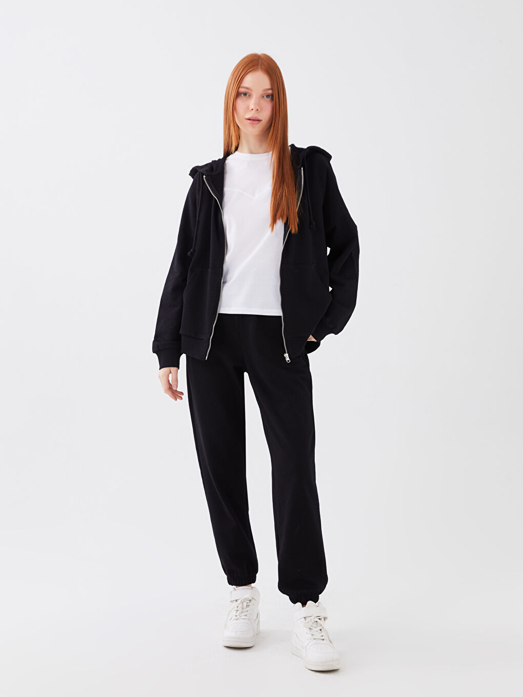 Siyah Kadın Beli Lastikli Düz Jogger Eşofman Altı
