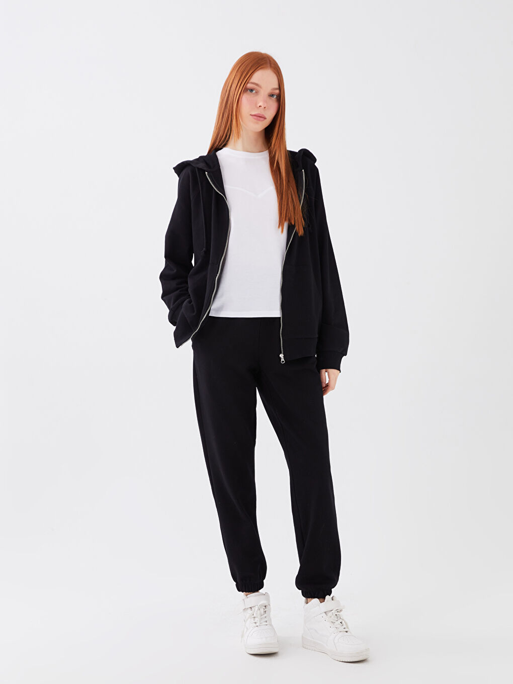 Siyah Kadın Beli Lastikli Düz Jogger Eşofman Altı-1