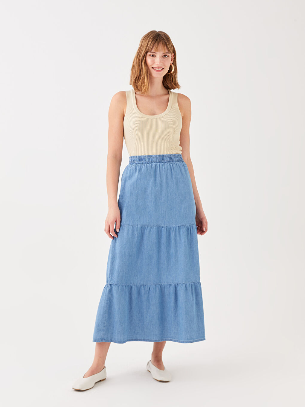 جيبة دينيم سادة بخصر مرن للسيدات-1