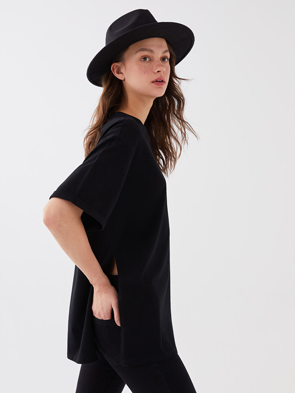 Siyah Kadın Bisiklet Yaka Kısa Kollu Tunik