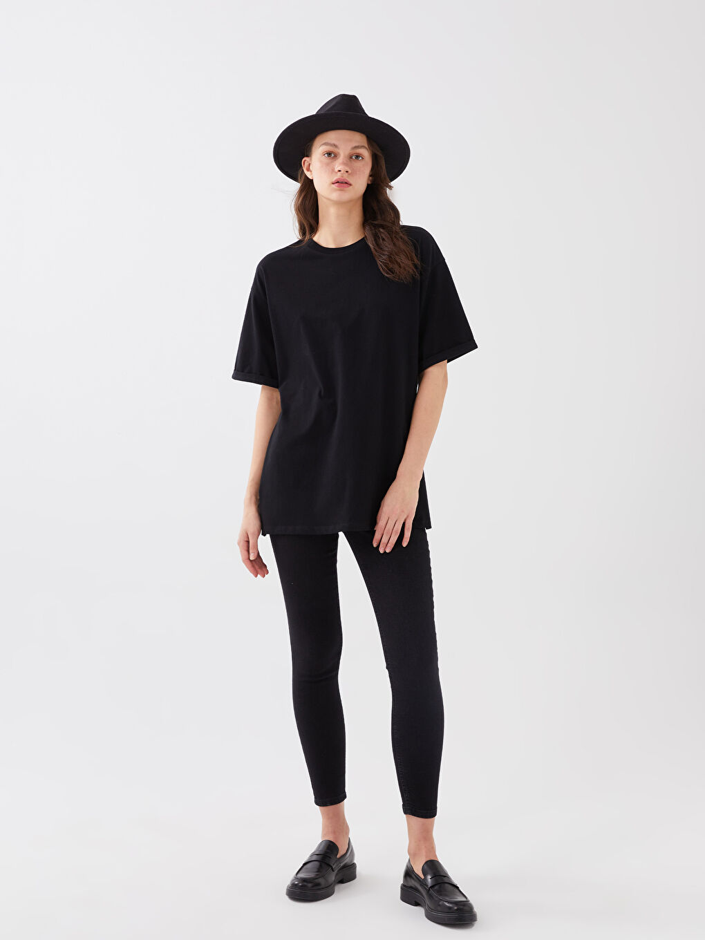 Siyah Kadın Bisiklet Yaka Kısa Kollu Tunik-2