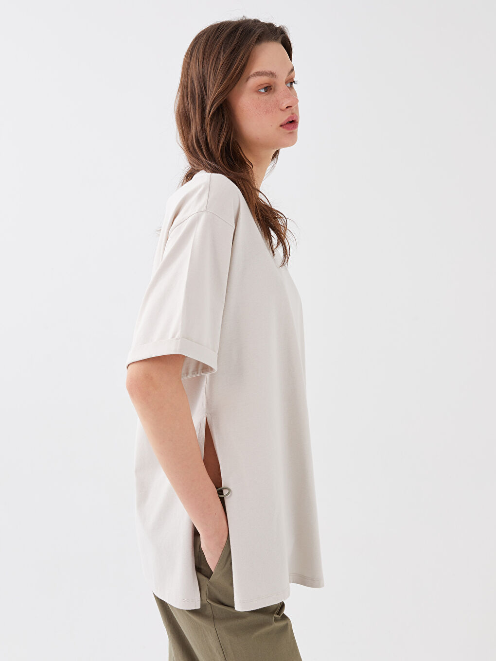 Gri Kadın Bisiklet Yaka Kısa Kollu Tunik