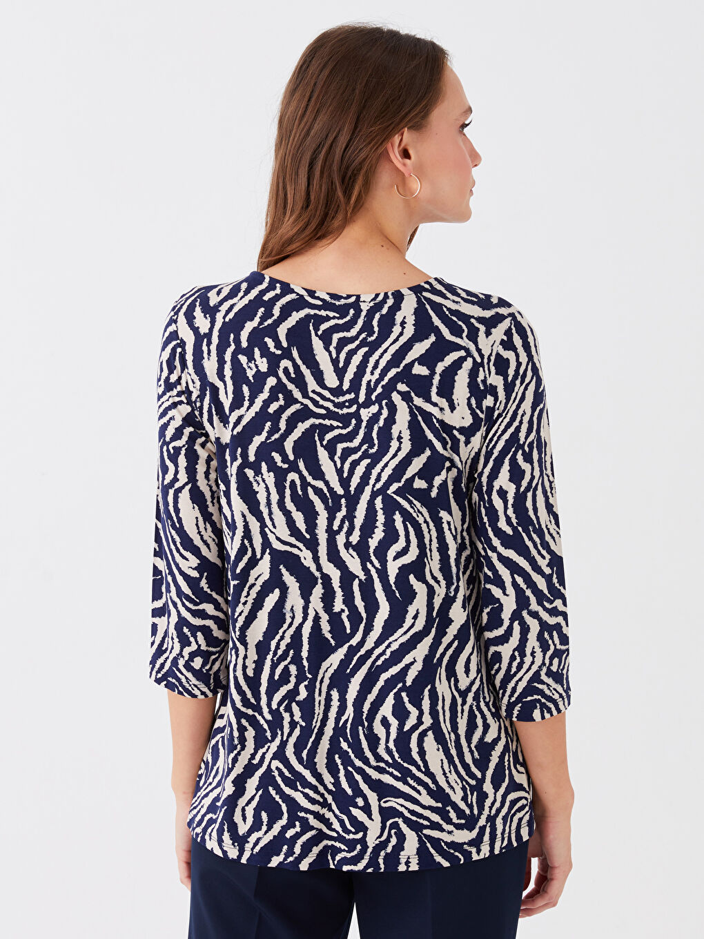 Lacivert Bisiklet Yaka Desenli Kadın Bluz-4
