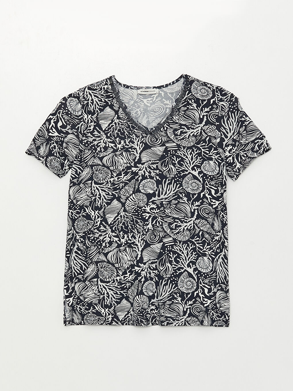 LCW Grace V-Neck Patterned Short Sleeve Women's T-Shirt -S35862Z8-LSJ