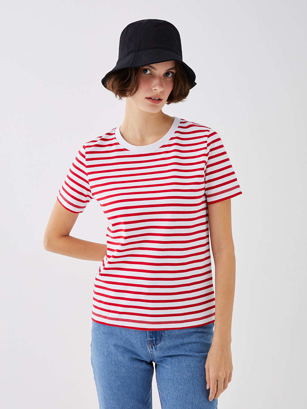Crew Neck Striped Short Sleeve Cotton Women's T-shirt-1
