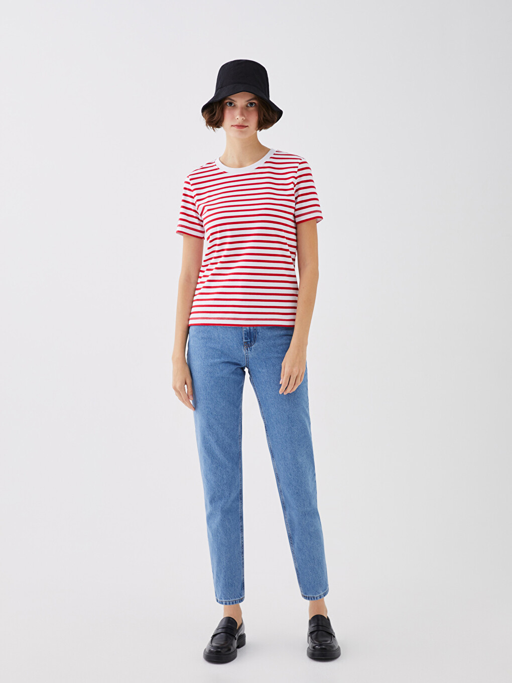 Crew Neck Striped Short Sleeve Cotton Women's T-shirt-2