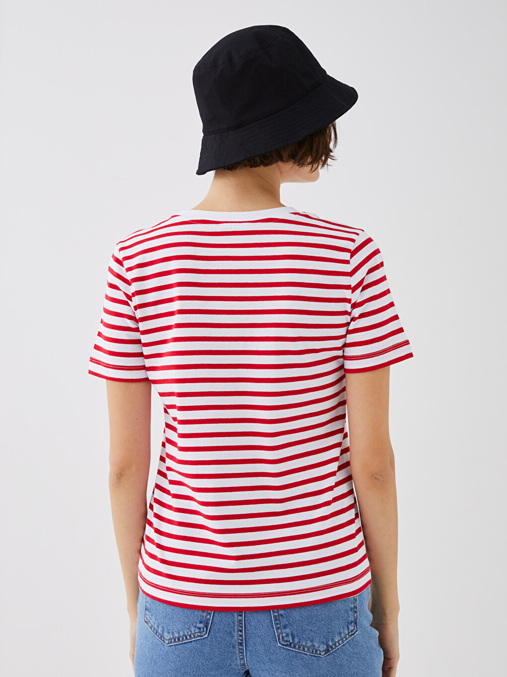 Crew Neck Striped Short Sleeve Cotton Women's T-shirt-4