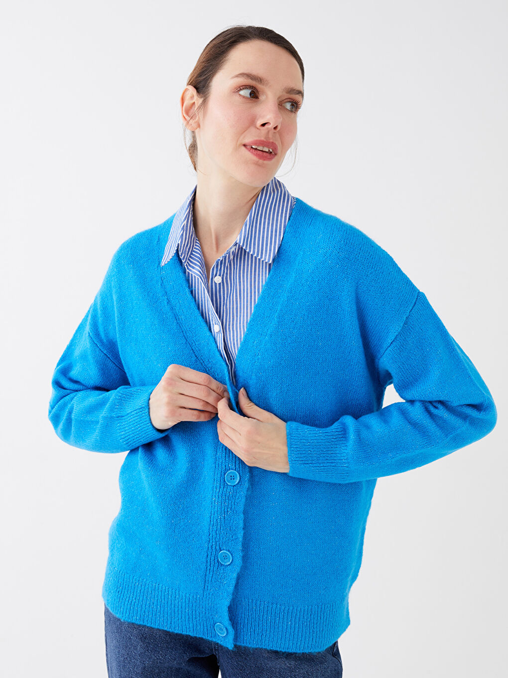 V Neck Women's Tricot Cardigan -S35883Z8-H7M