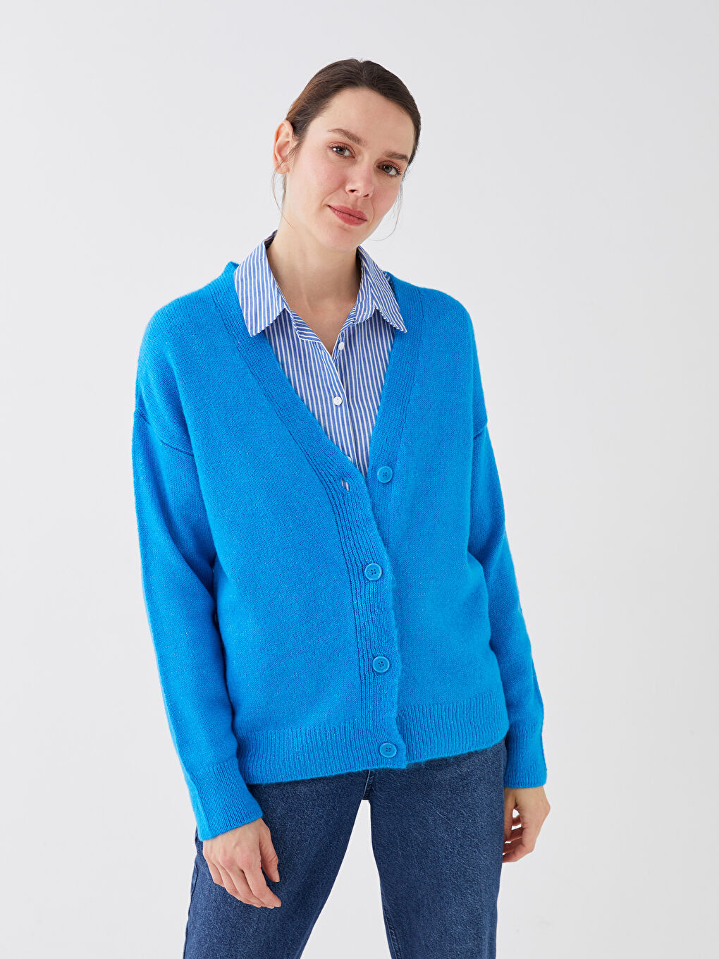V Neck Women's Tricot Cardigan -S35883Z8-H7M