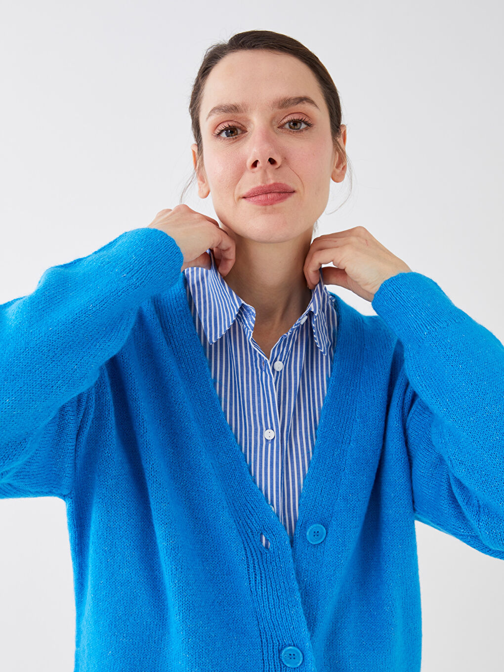 V Neck Women's Tricot Cardigan -S35883Z8-H7M