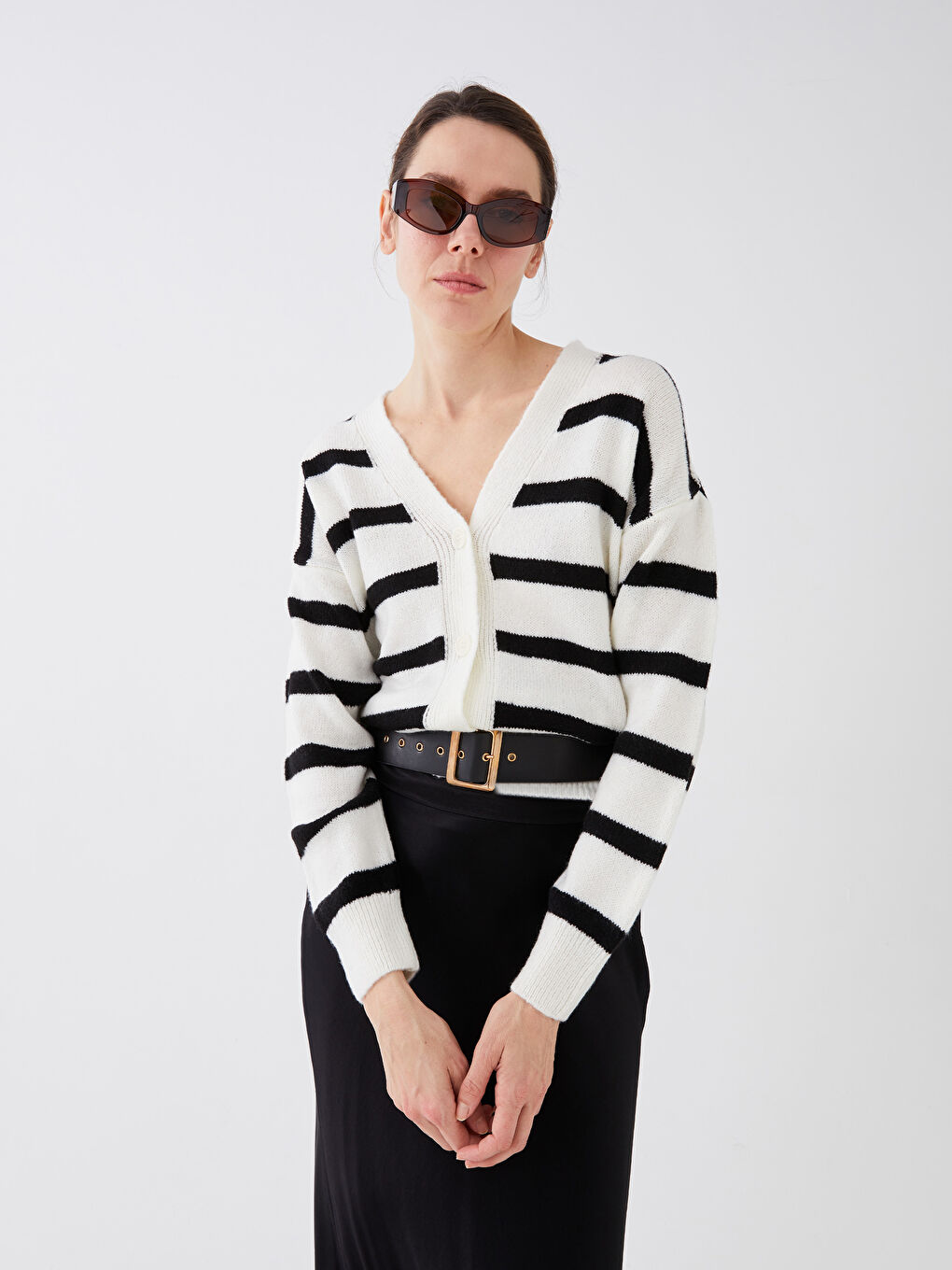 Cardigan Tricotat cu Mânecă Lungă Vărgat și Decolteu în V pentru Femei