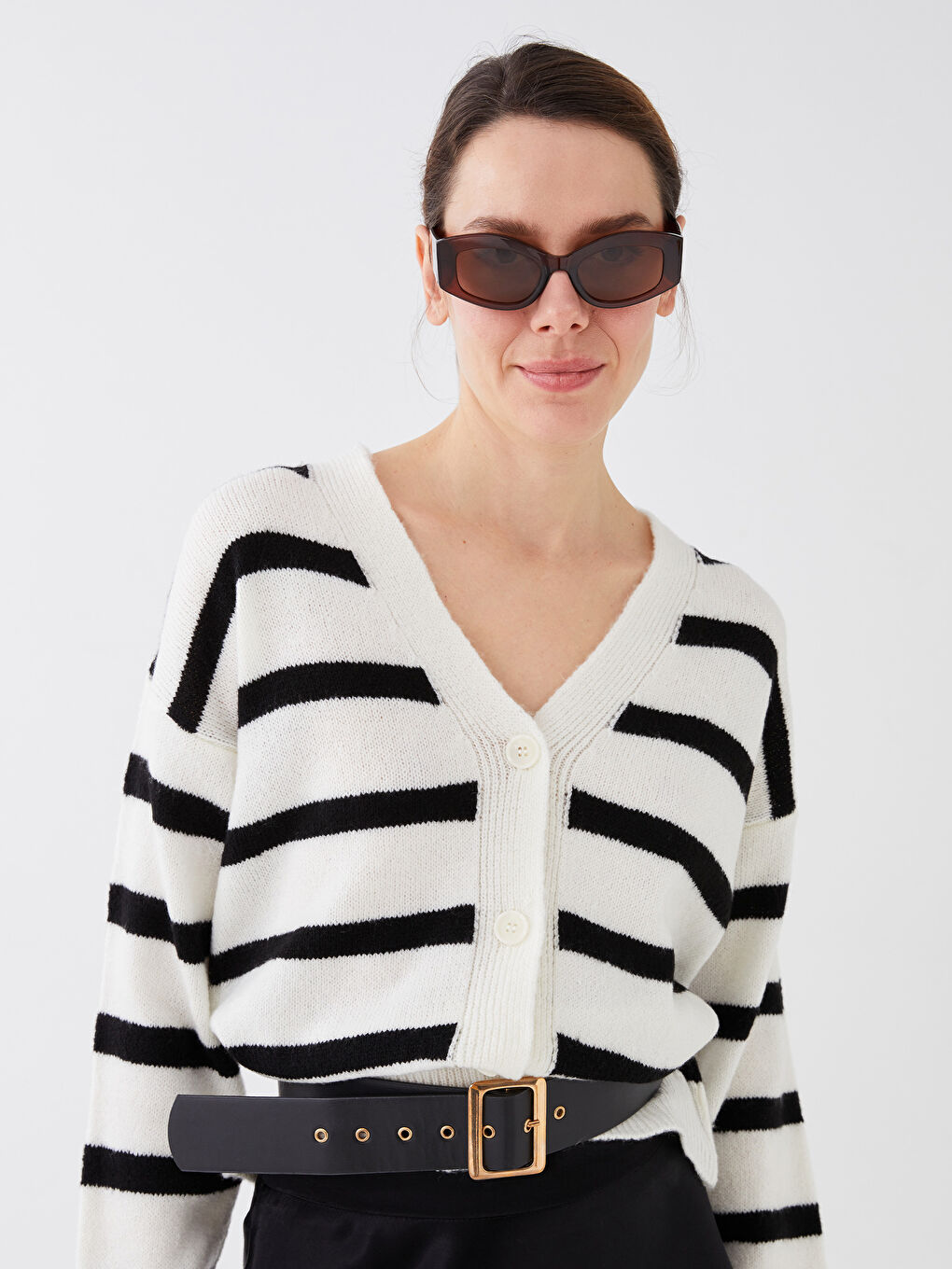 Cardigan Tricotat cu Mânecă Lungă Vărgat și Decolteu în V pentru Femei-1