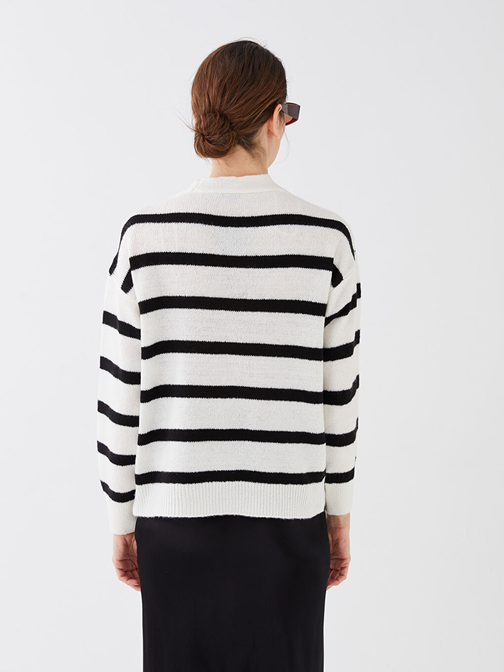 Cardigan Tricotat cu Mânecă Lungă Vărgat și Decolteu în V pentru Femei-4