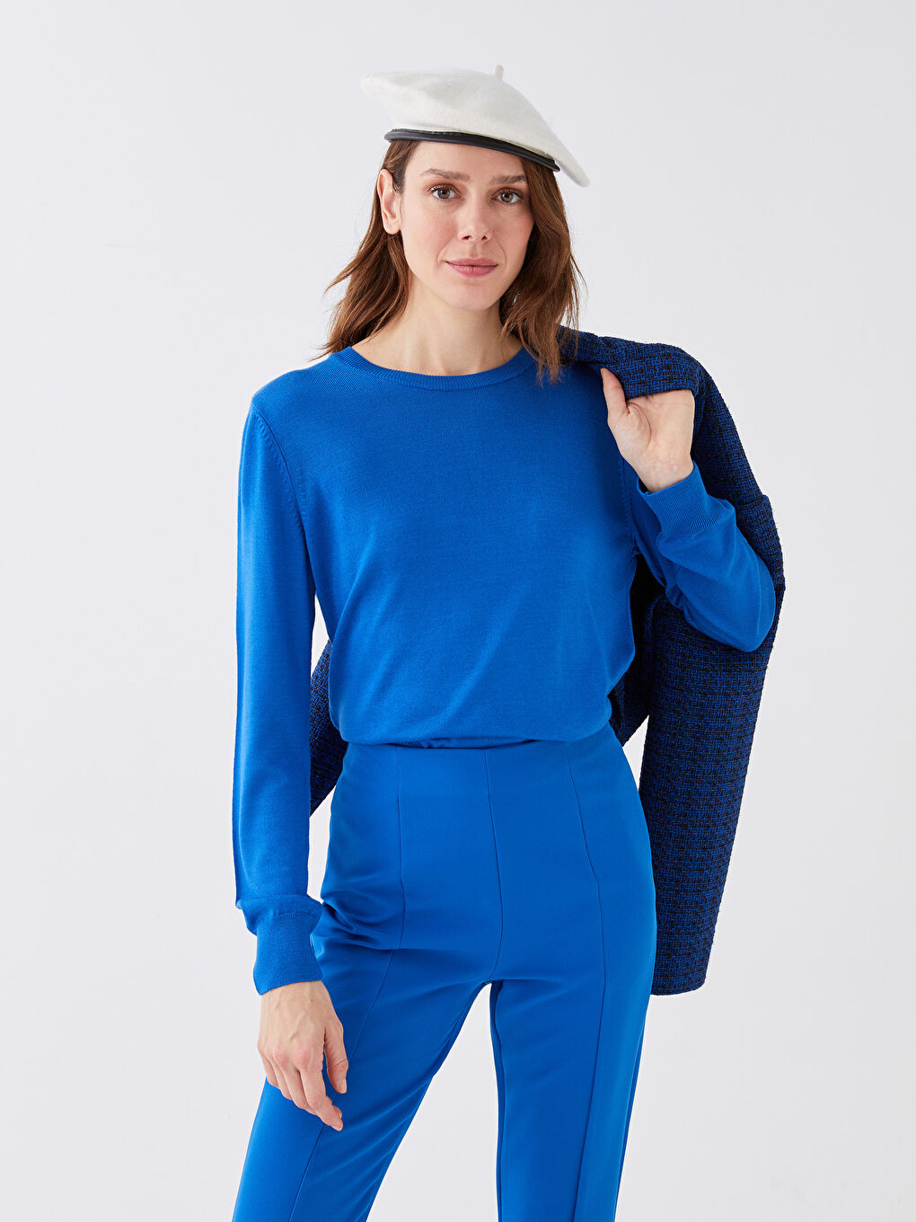 Mavi Bisiklet Yaka Düz Uzun Kollu Kadın Triko Kazak-1