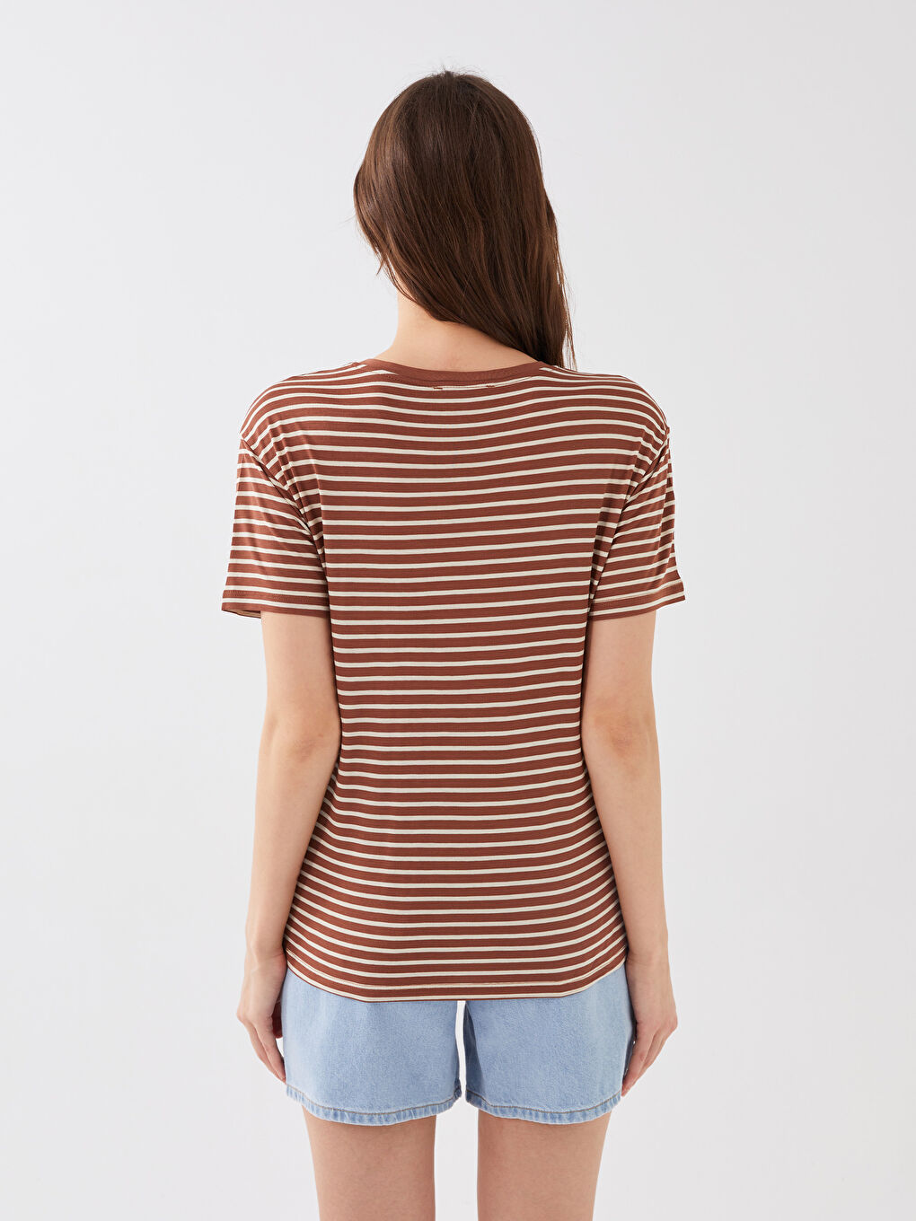 Women's Crew Neck Striped Short Sleeve T-Shirt-4