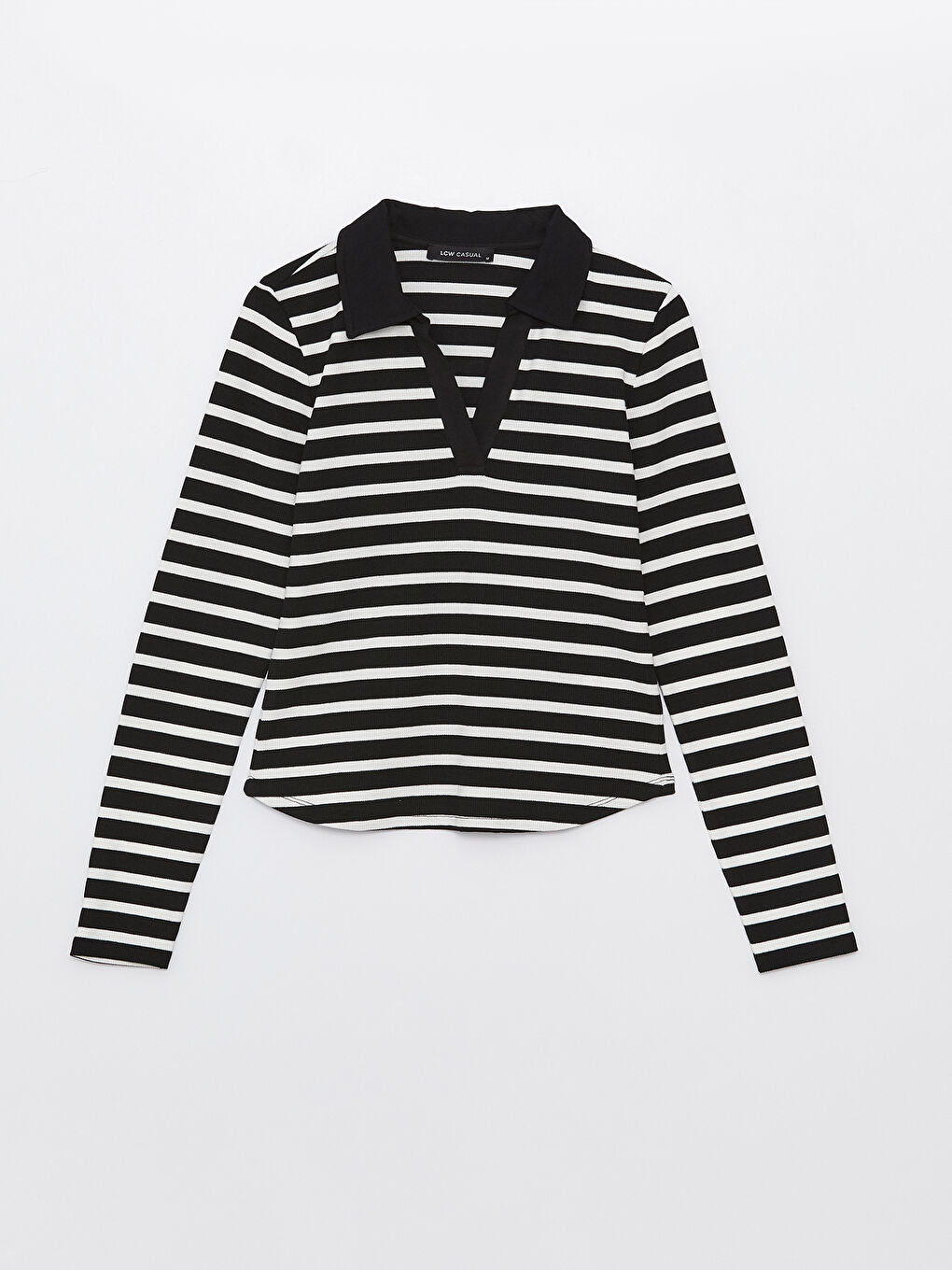 Polo Neck Striped Long Sleeve Women's T-Shirt -S35894Z8-LEG
