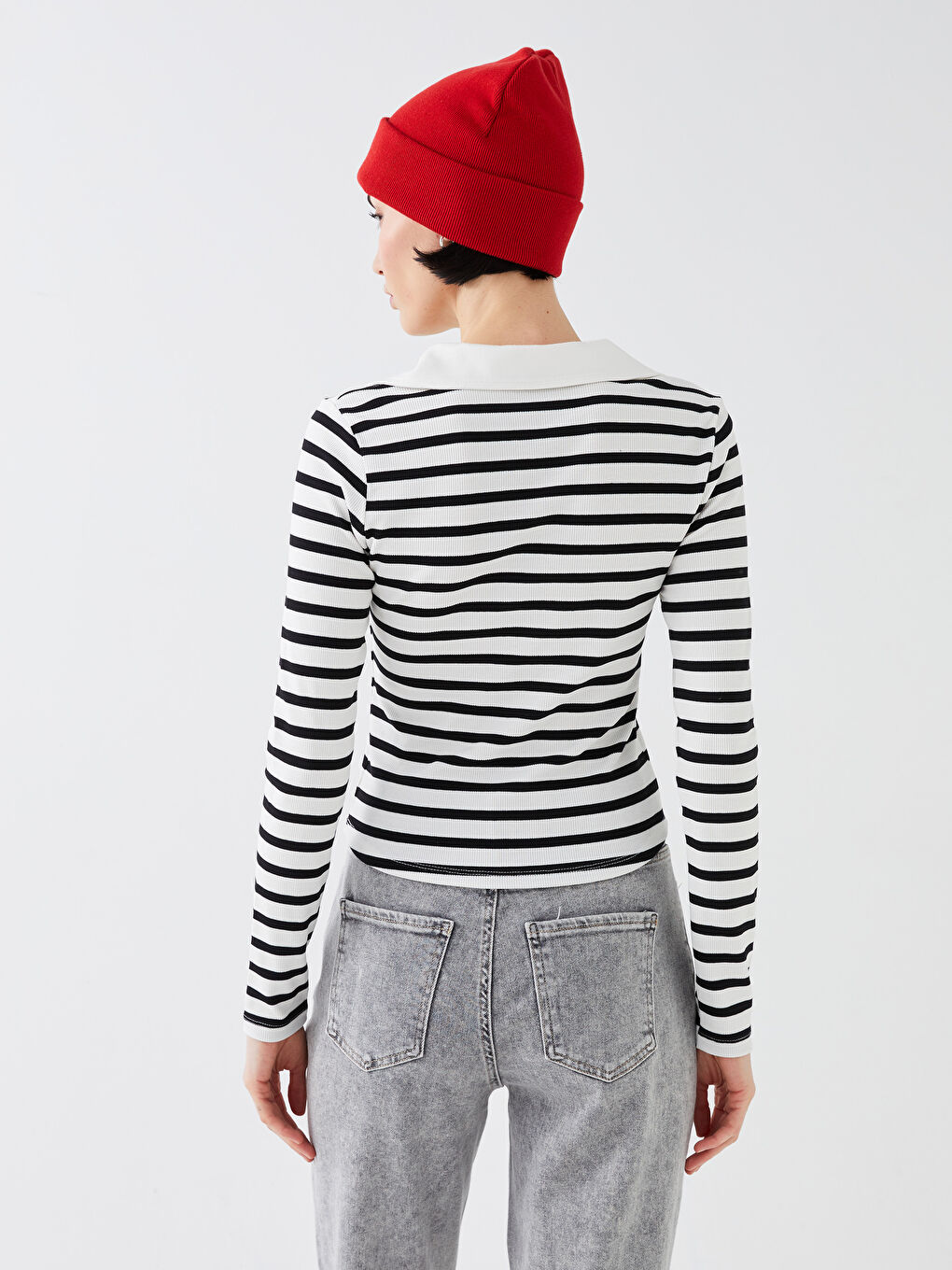 Beyaz Polo Yaka Çizgili Uzun Kollu Kadın Tişört-4