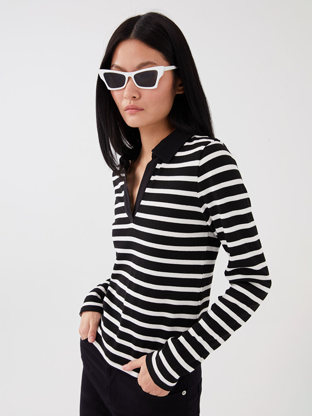 Polo Neck Striped Long Sleeve Women's T-Shirt -S35894Z8-LEG