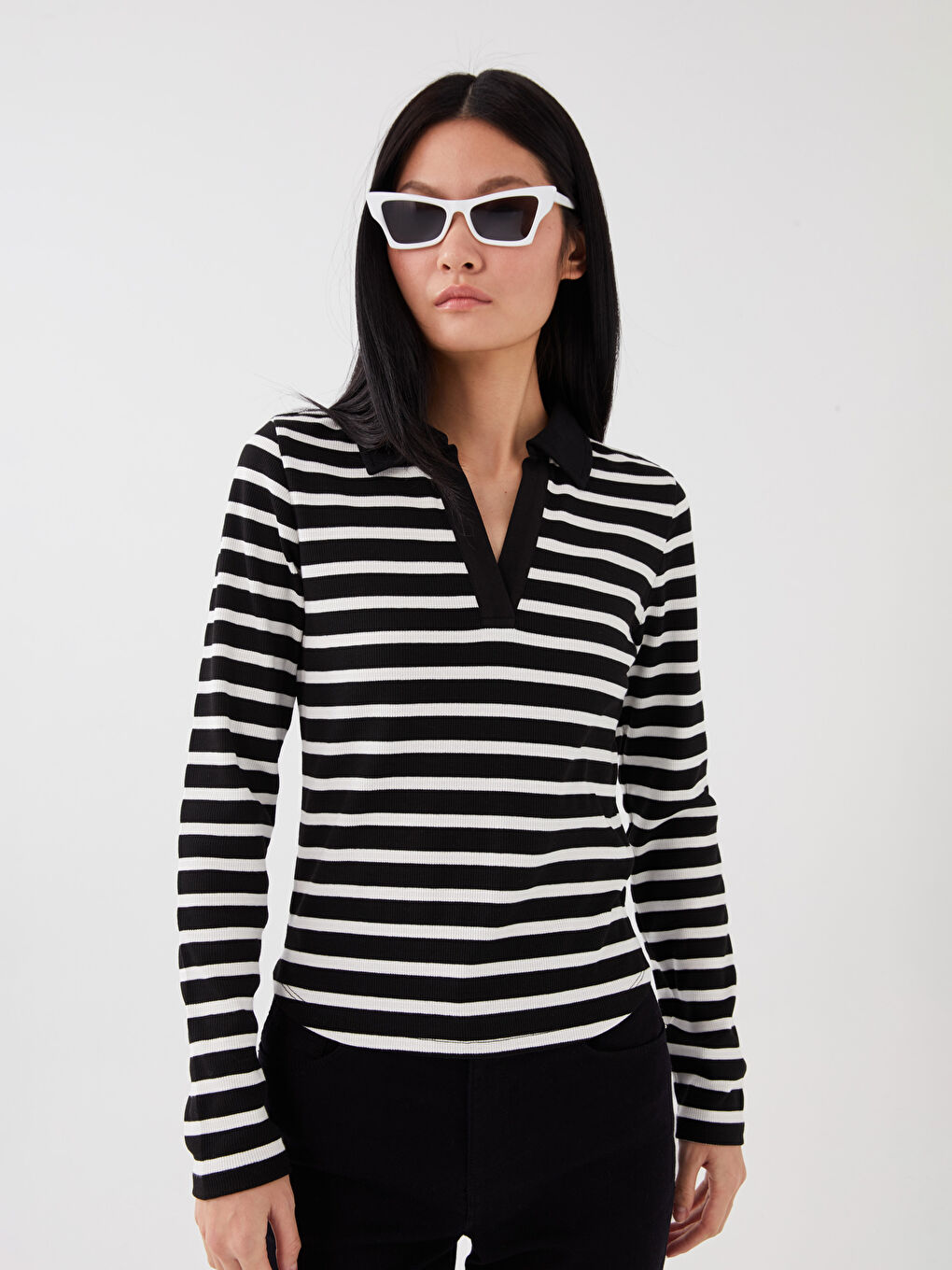 Polo Neck Striped Long Sleeve Women's T-Shirt -S35894Z8-LEG