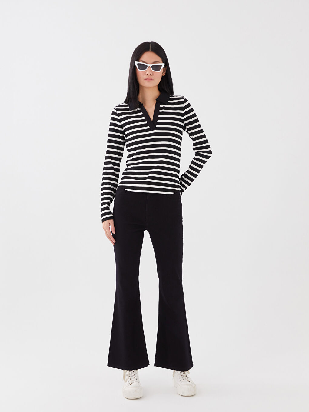 Polo Neck Striped Long Sleeve Women's T-Shirt -S35894Z8-LEG