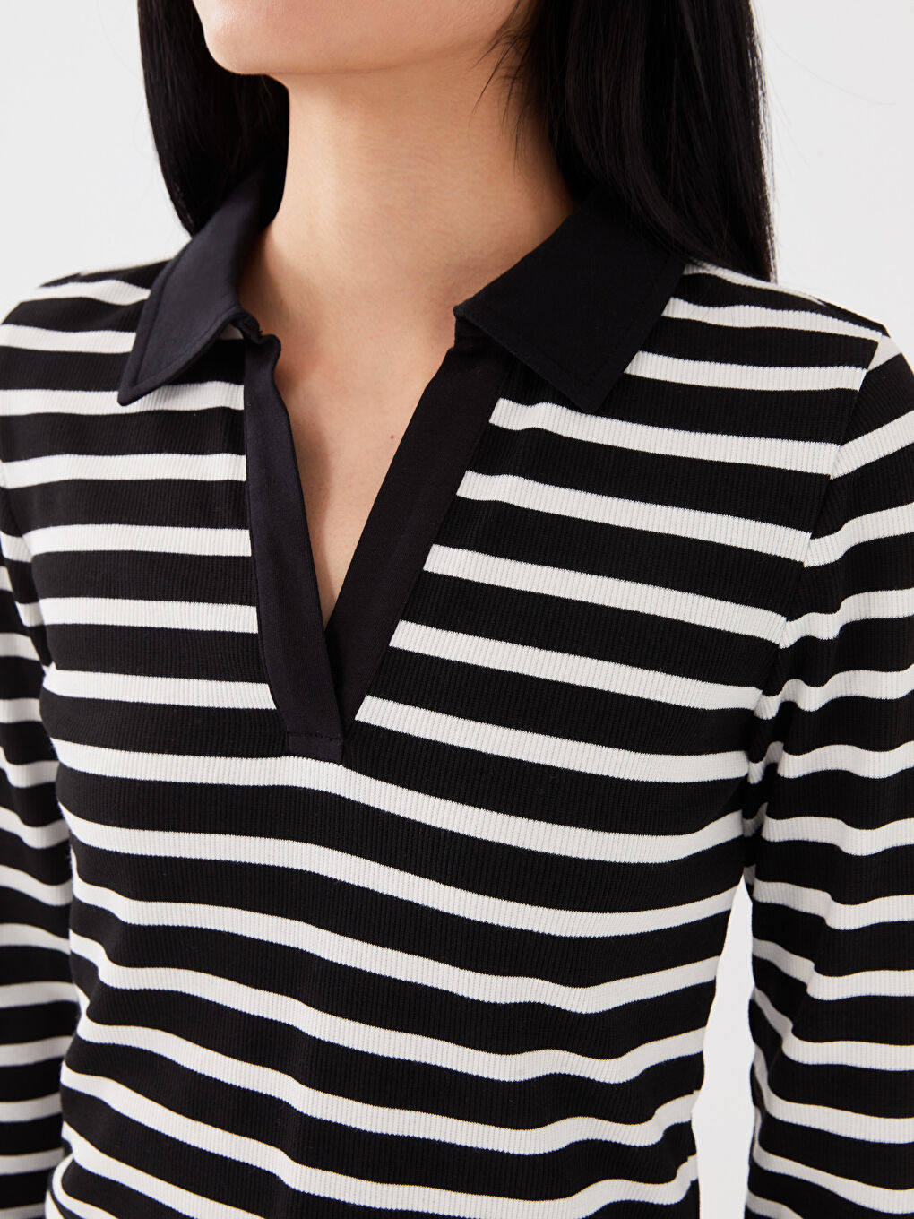 Polo Neck Striped Long Sleeve Women's T-Shirt -S35894Z8-LEG
