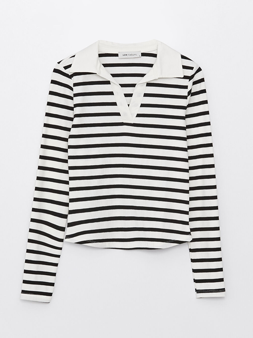 Beyaz Polo Yaka Çizgili Uzun Kollu Kadın Tişört-5