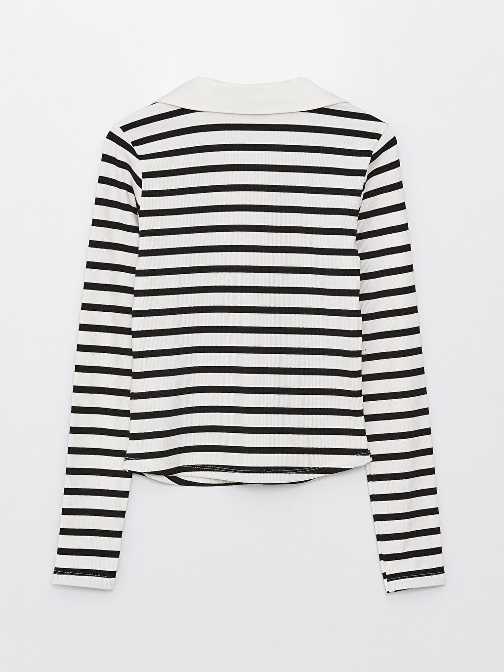 Beyaz Polo Yaka Çizgili Uzun Kollu Kadın Tişört-6