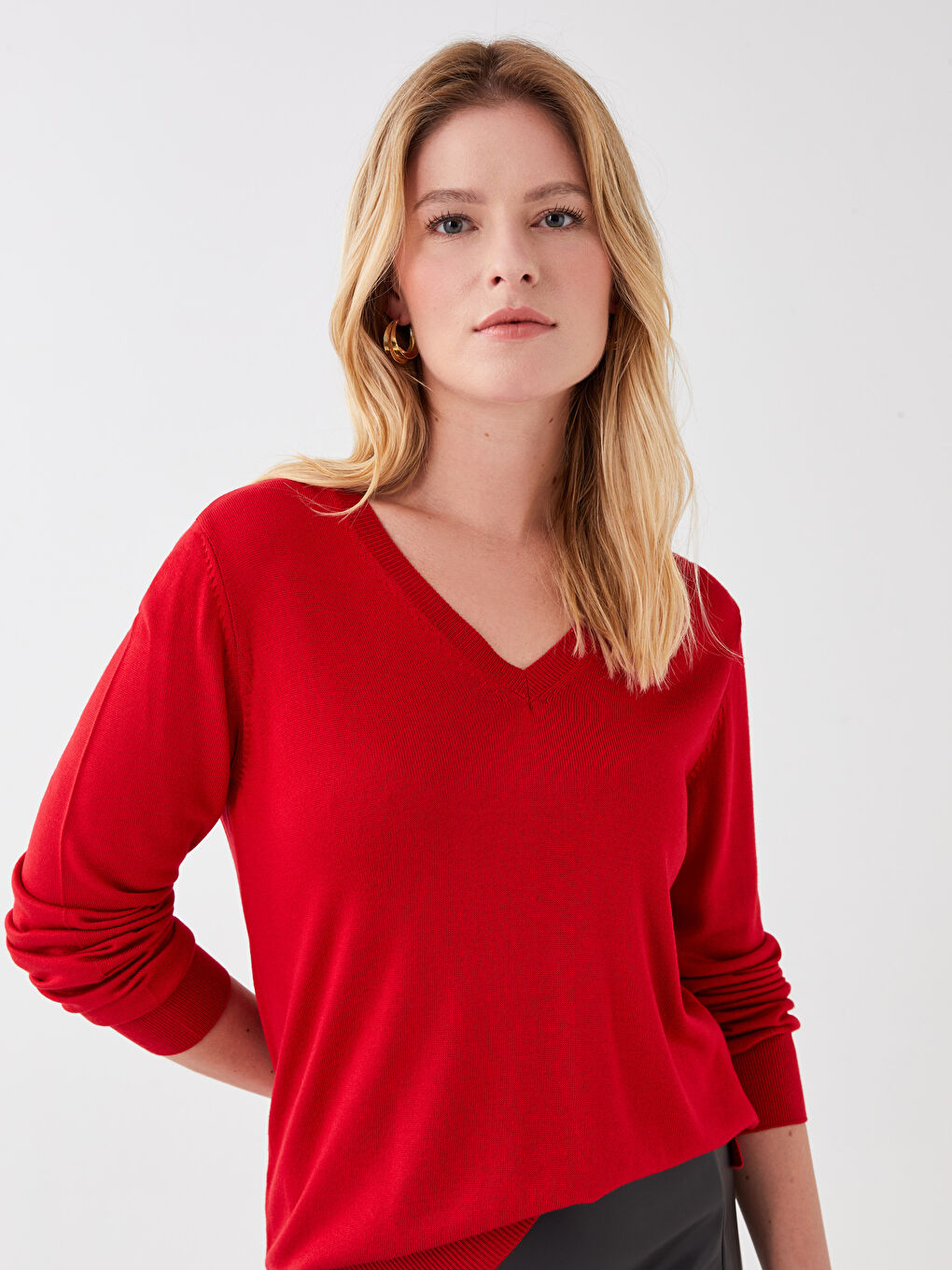 V Neck Regular Long Sleeve Women's Tricot Sweater -S35902Z8-HPM