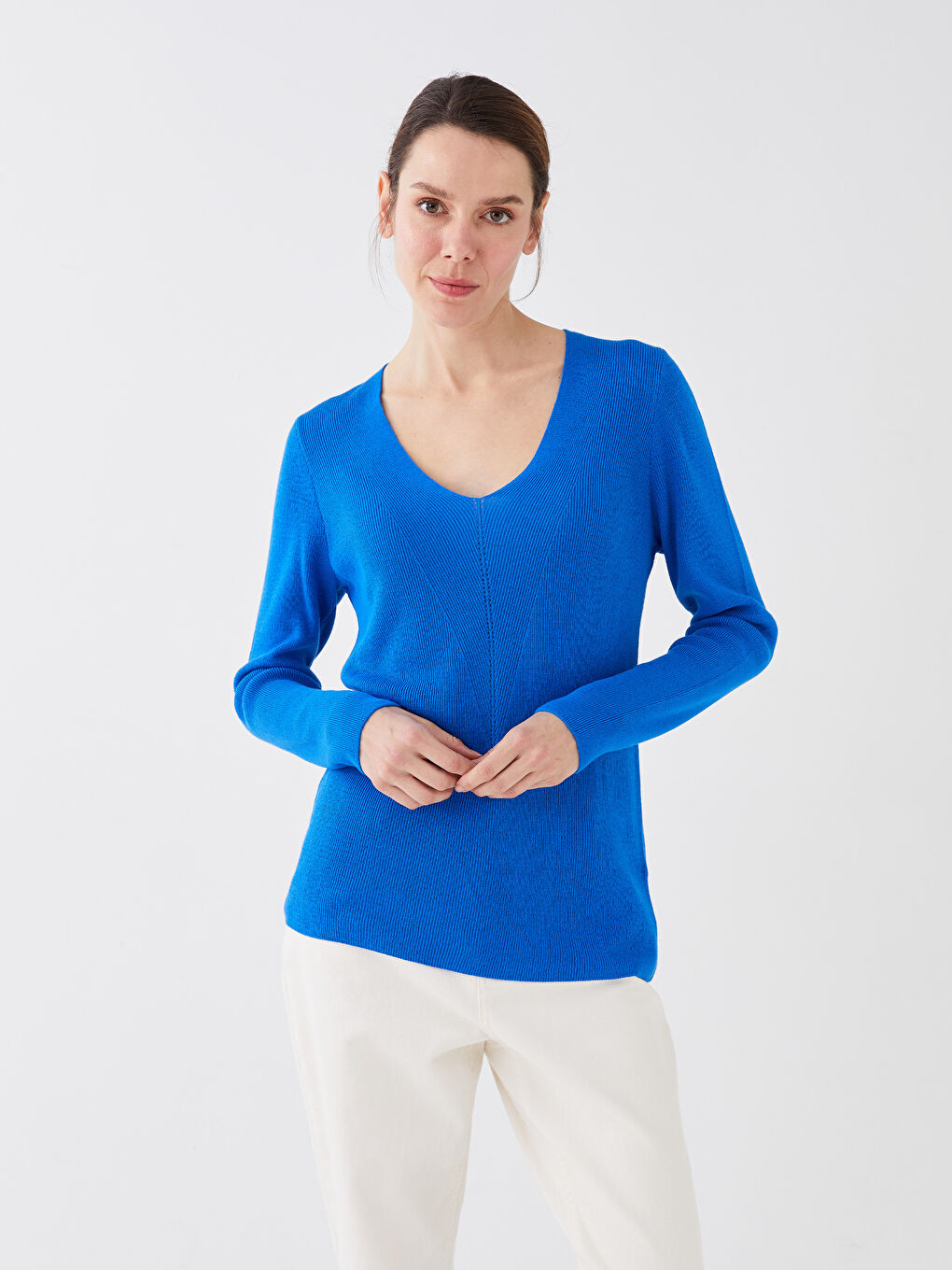 V Neck Plain Long Sleeve Women's Knitwear Sweater