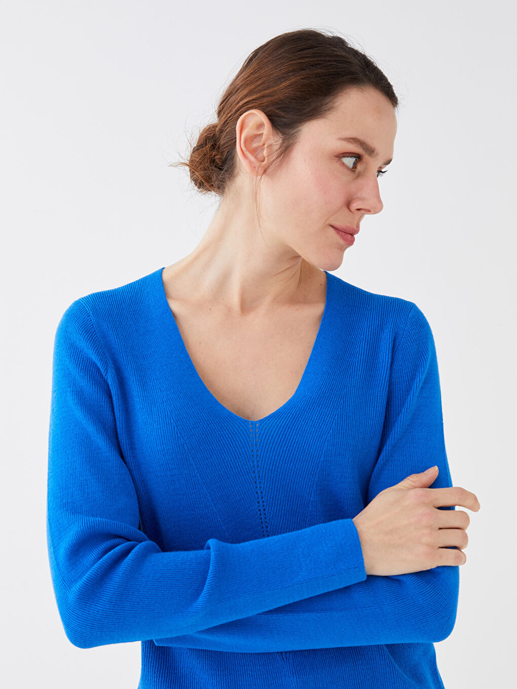 V Neck Plain Long Sleeve Women's Knitwear Sweater-1