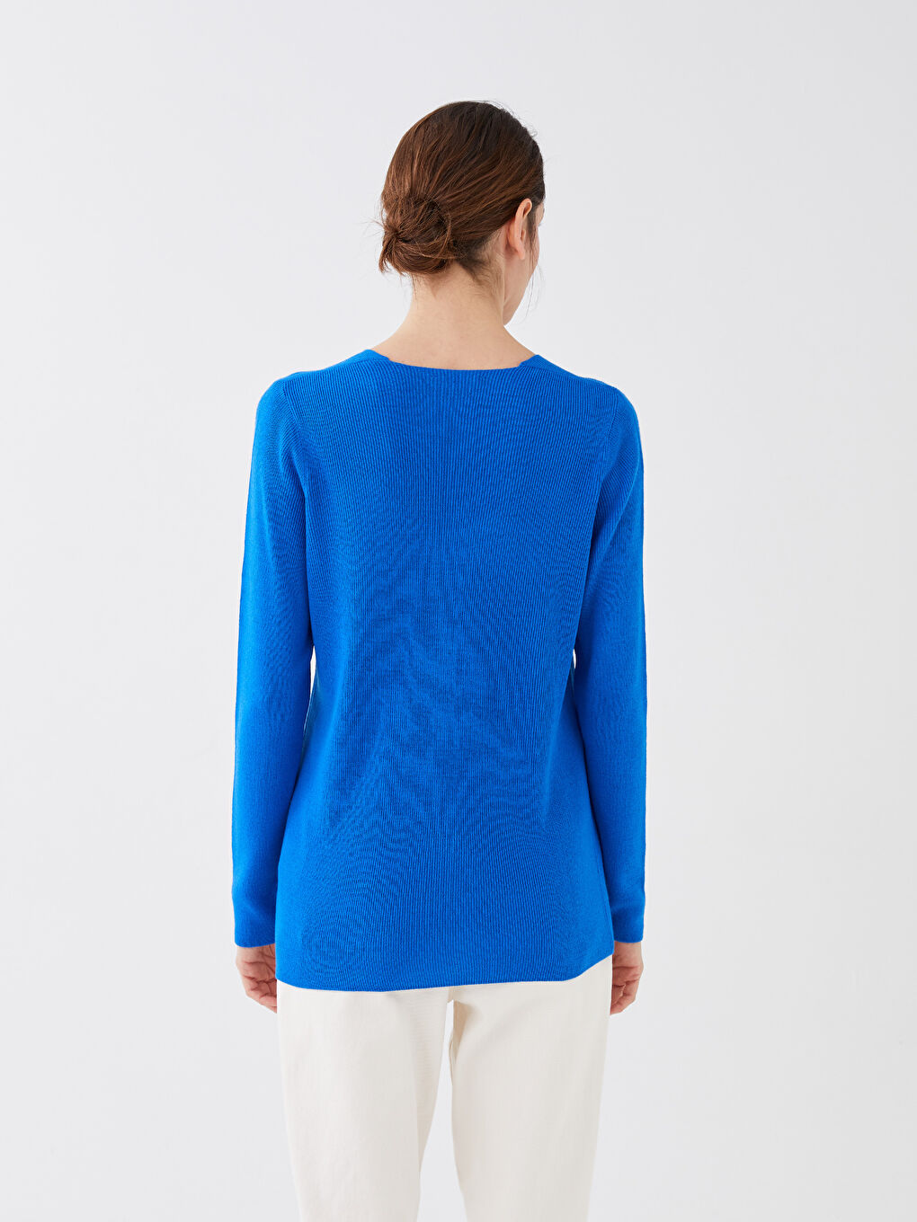 V Neck Plain Long Sleeve Women's Knitwear Sweater-4