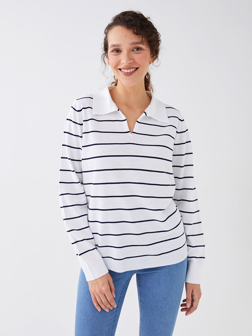 LCWAIKIKI Basic Polo Neck Striped Long Sleeve Women's Knitwear Sweater -S35911Z8-LFC
