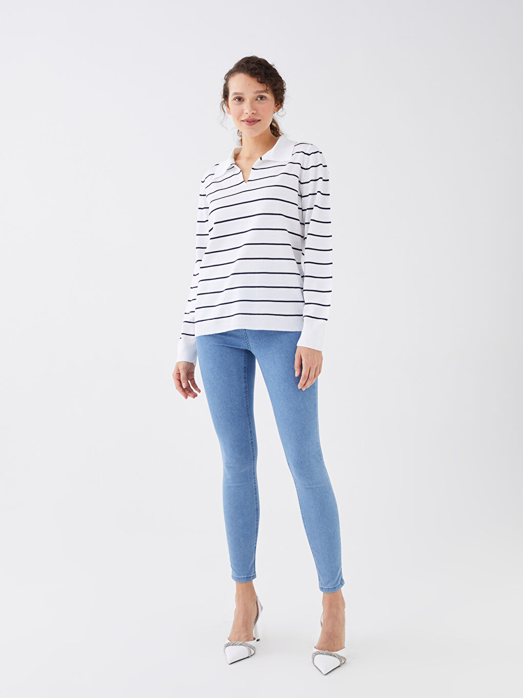 LCWAIKIKI Basic Polo Neck Striped Long Sleeve Women's Knitwear Sweater -S35911Z8-LFC