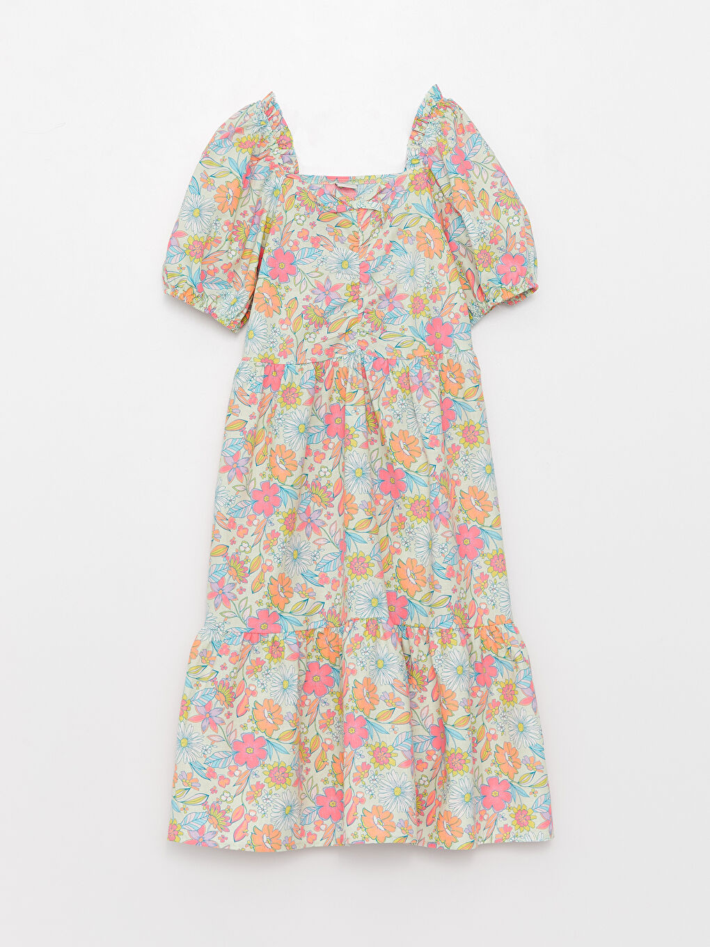 Square Neck Patterned Short Sleeve Girls' Dress