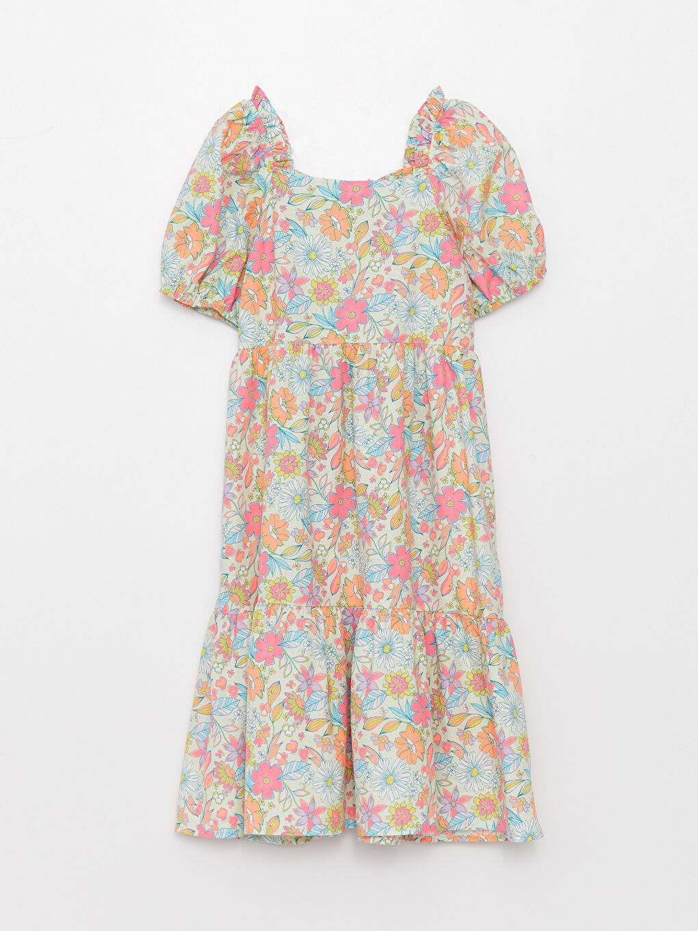 Square Neck Patterned Short Sleeve Girls' Dress-1