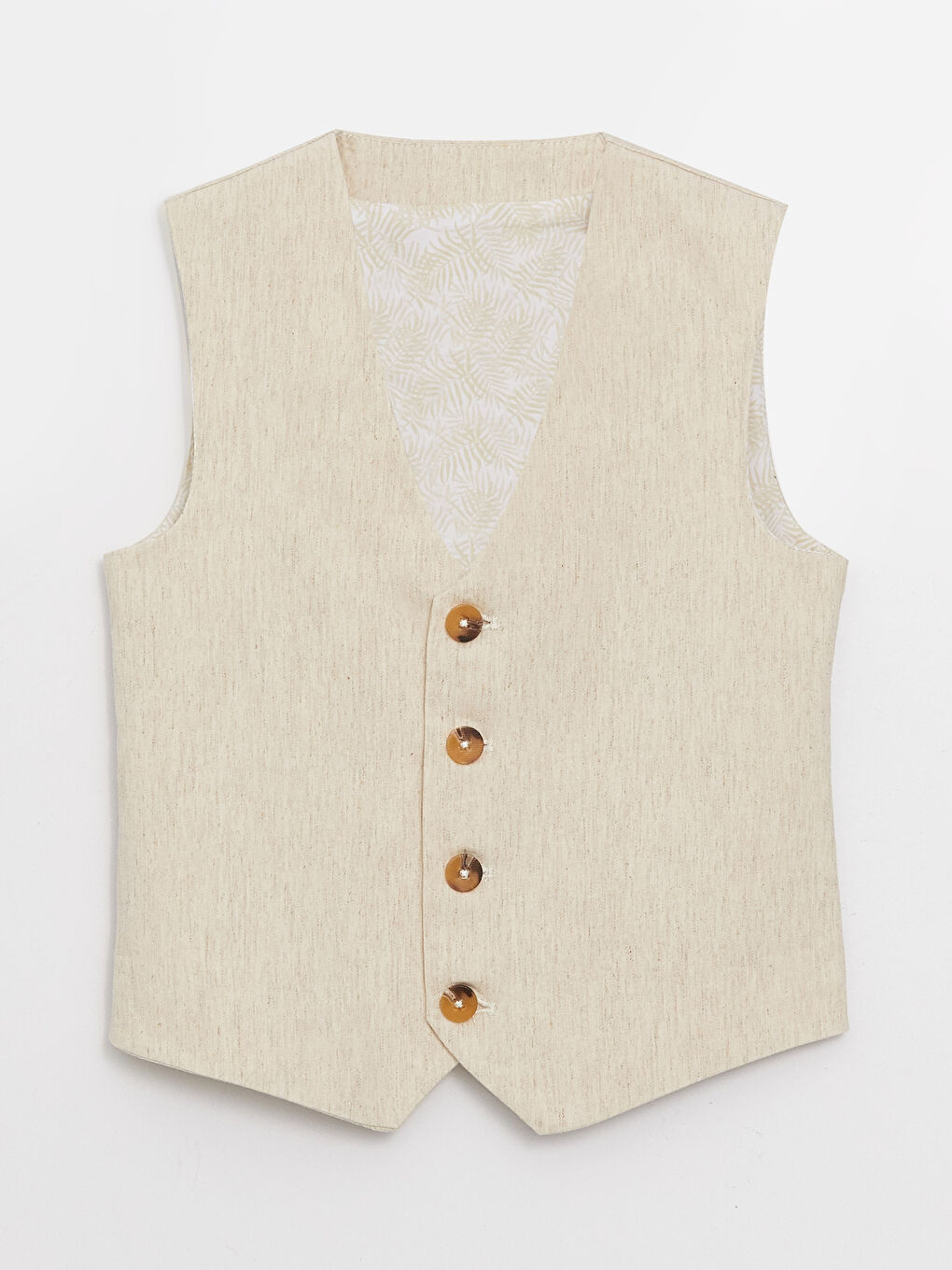 Ekru V Yaka Keten Karışımlı Erkek Çocuk Yelek-3