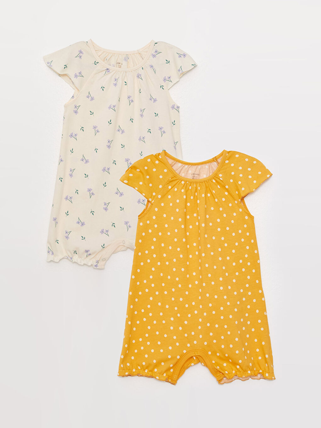 Ekru Bisiklet Yaka Kısa Kollu Baskılı Kız Bebek Tulum 2'li