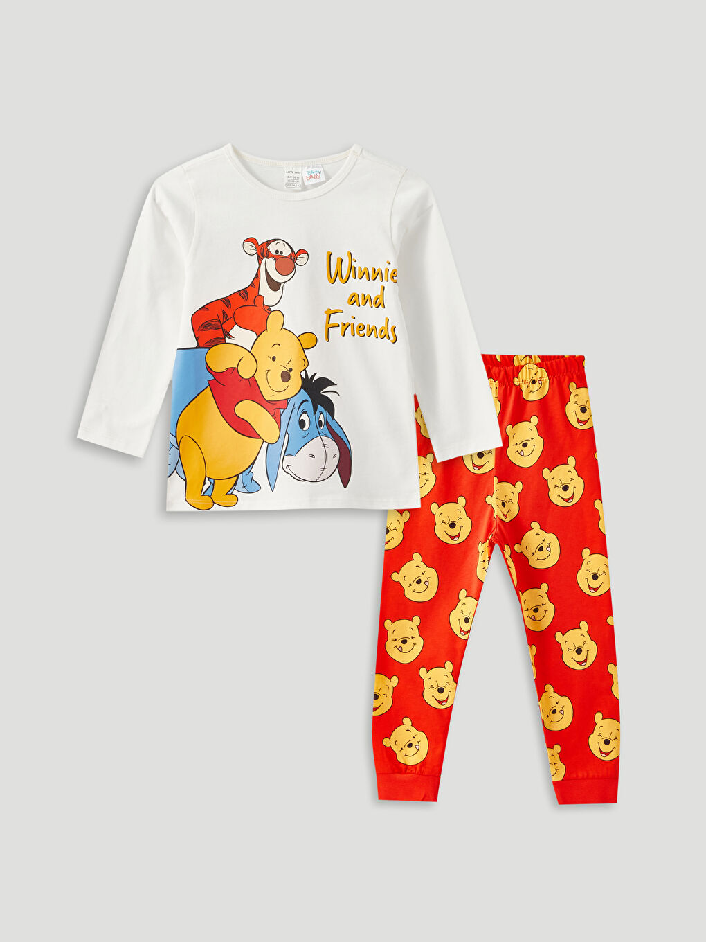 Ekru Bisiklet Yaka Uzun Kollu Winnie the Pooh Baskılı Erkek Bebek Pijama Takımı