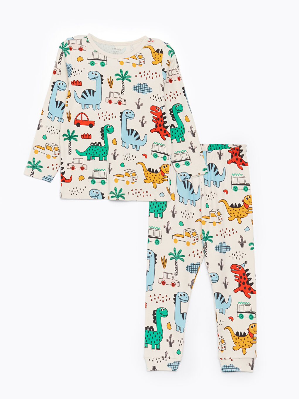 Ekru Bisiklet Yaka Uzun Kollu Baskılı Erkek Bebek Pijama Takım