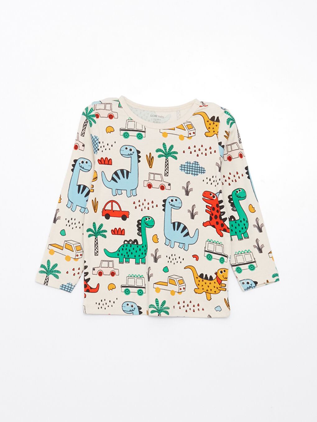 Ekru Bisiklet Yaka Uzun Kollu Baskılı Erkek Bebek Pijama Takım-1