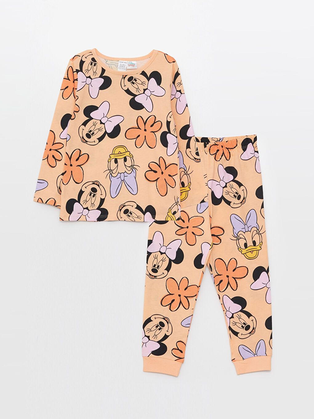 Pembe Bisiklet Yaka Uzun Kollu Minnie Mouse Baskılı Kız Bebek Pijama Takımı