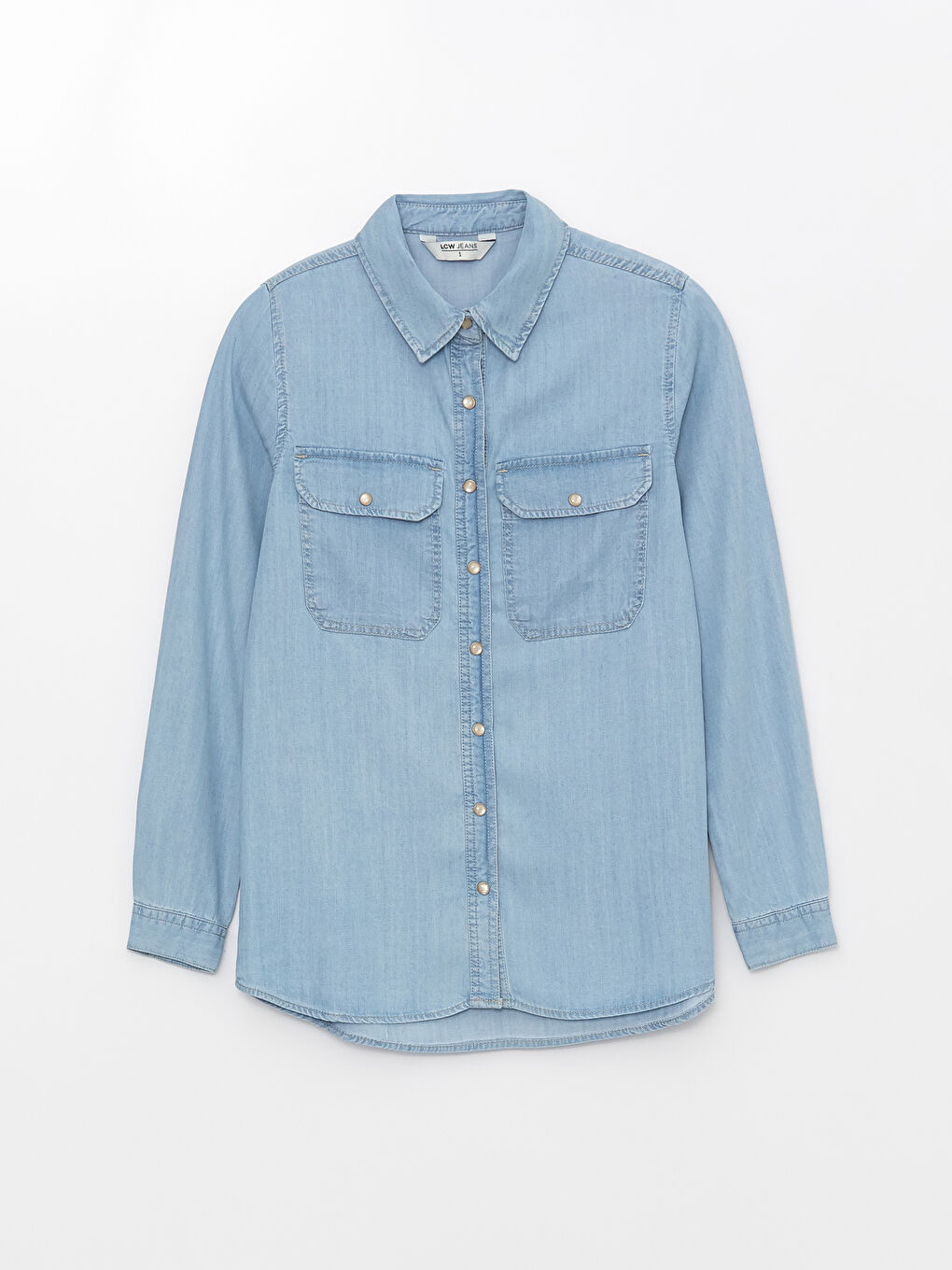 İndigo Düz Uzun Kollu Kadın Jean Gömlek-5