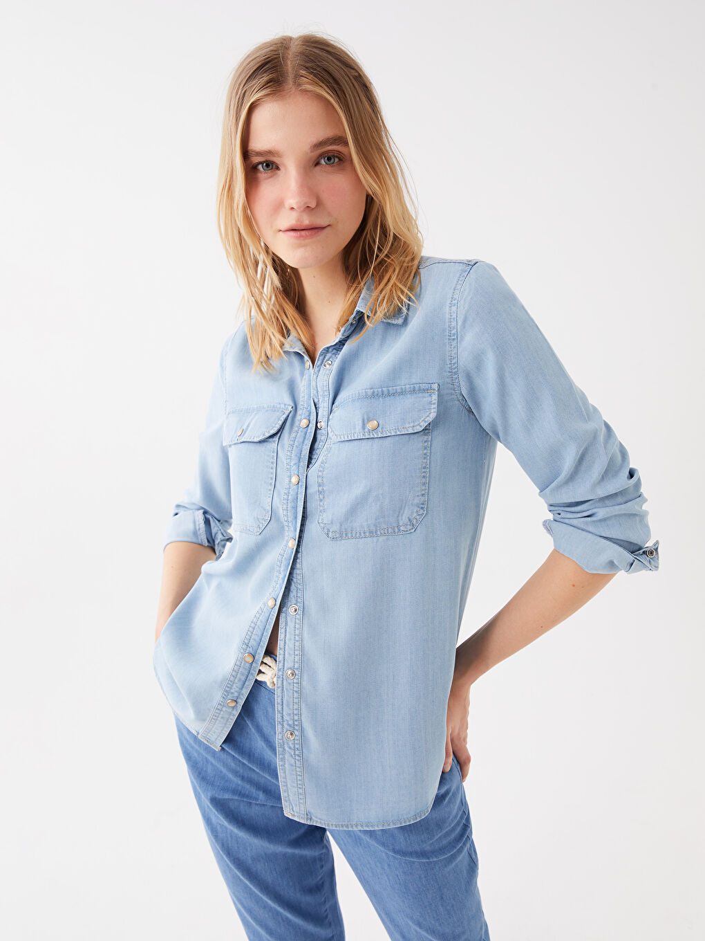 İndigo Düz Uzun Kollu Kadın Jean Gömlek