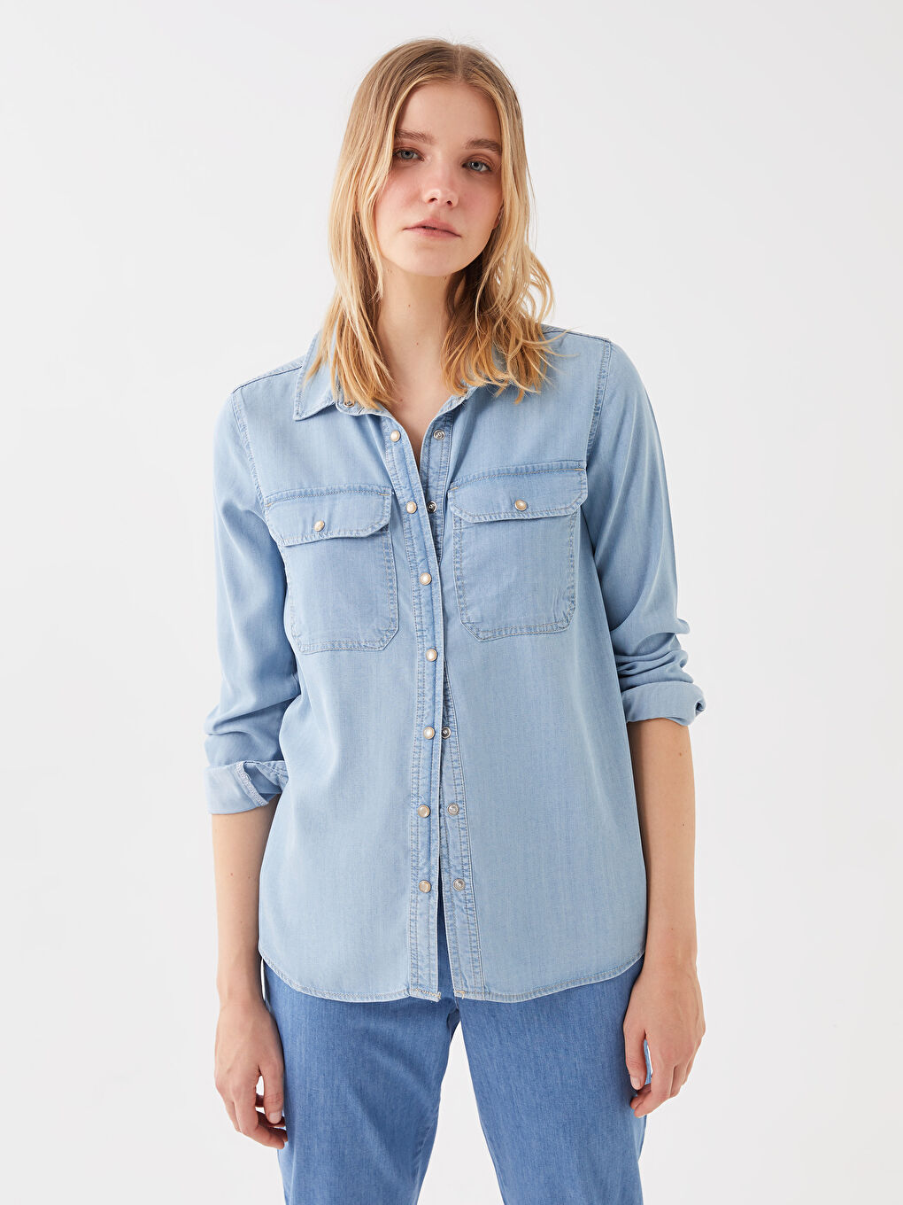 İndigo Düz Uzun Kollu Kadın Jean Gömlek-1