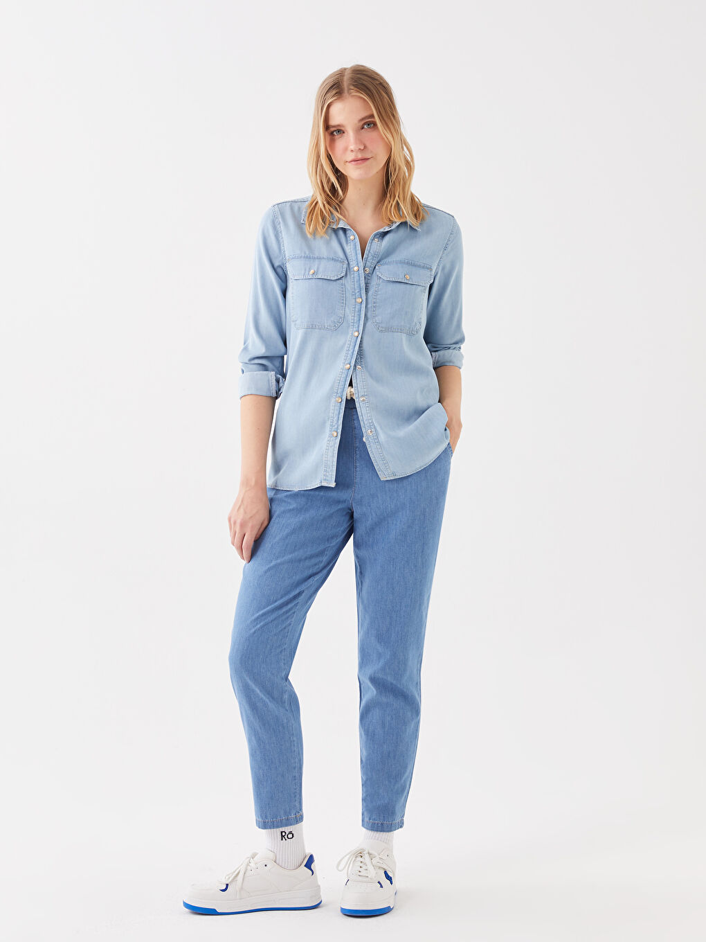 İndigo Düz Uzun Kollu Kadın Jean Gömlek-2