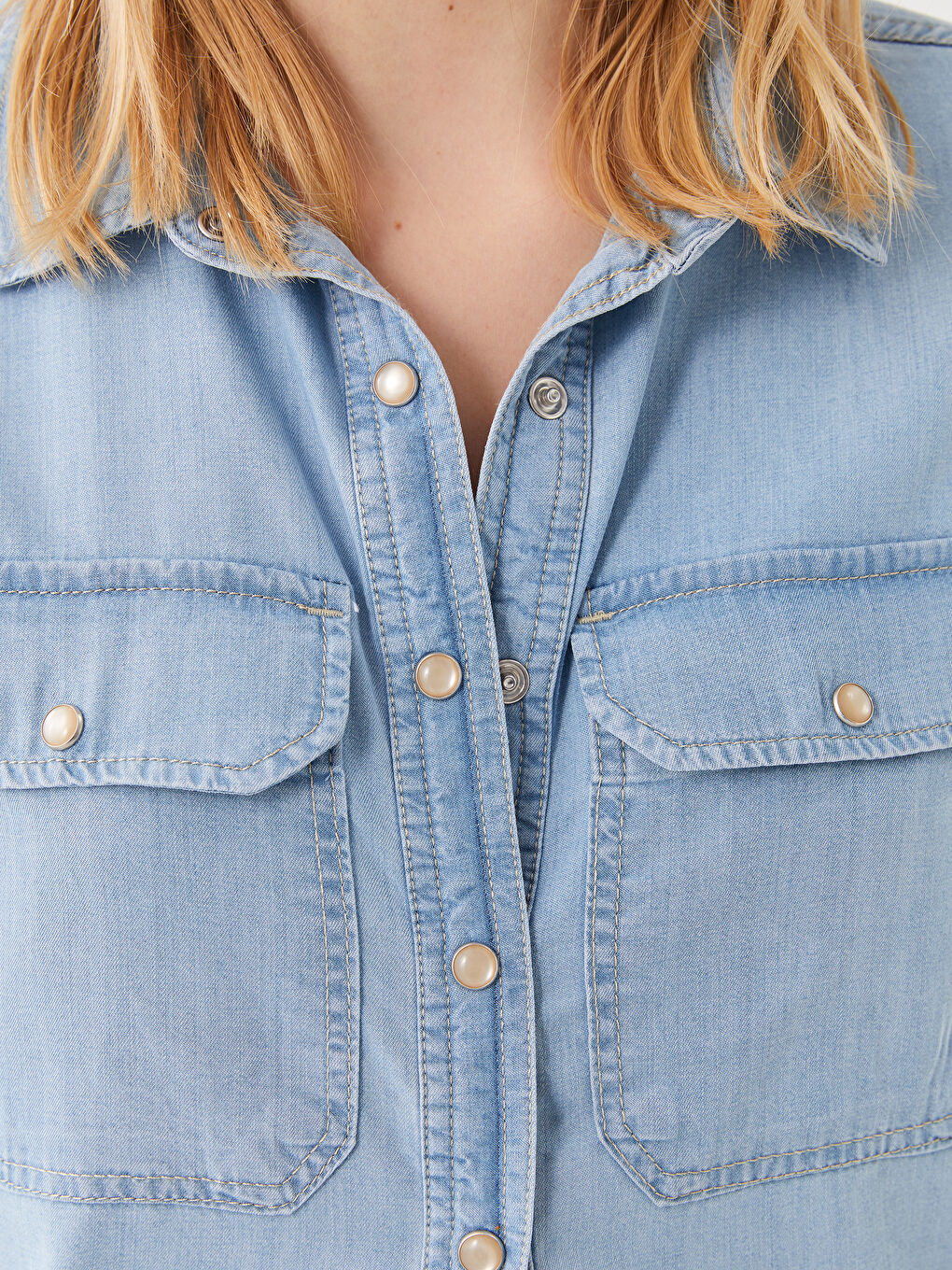 İndigo Düz Uzun Kollu Kadın Jean Gömlek-3