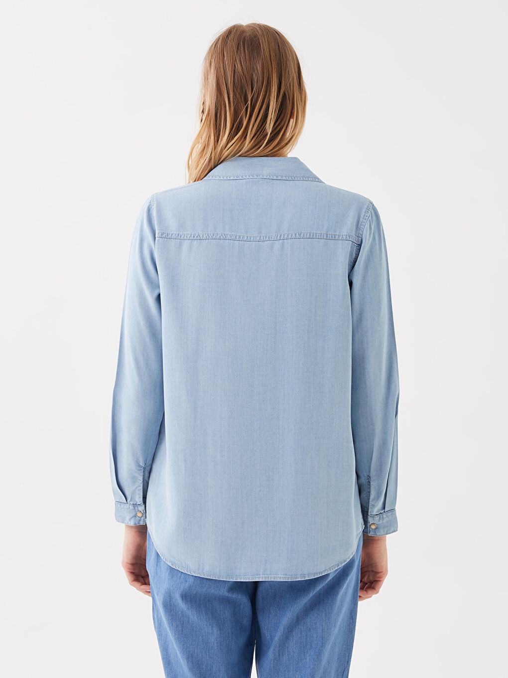 İndigo Düz Uzun Kollu Kadın Jean Gömlek-4
